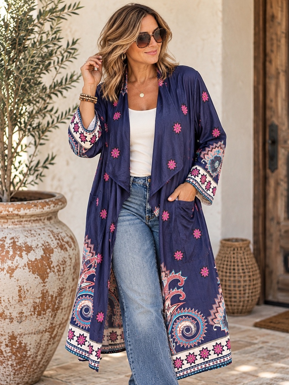 Reborn New York XL Boho Kimono Duster Jacket Navy Floral Paisley Longline